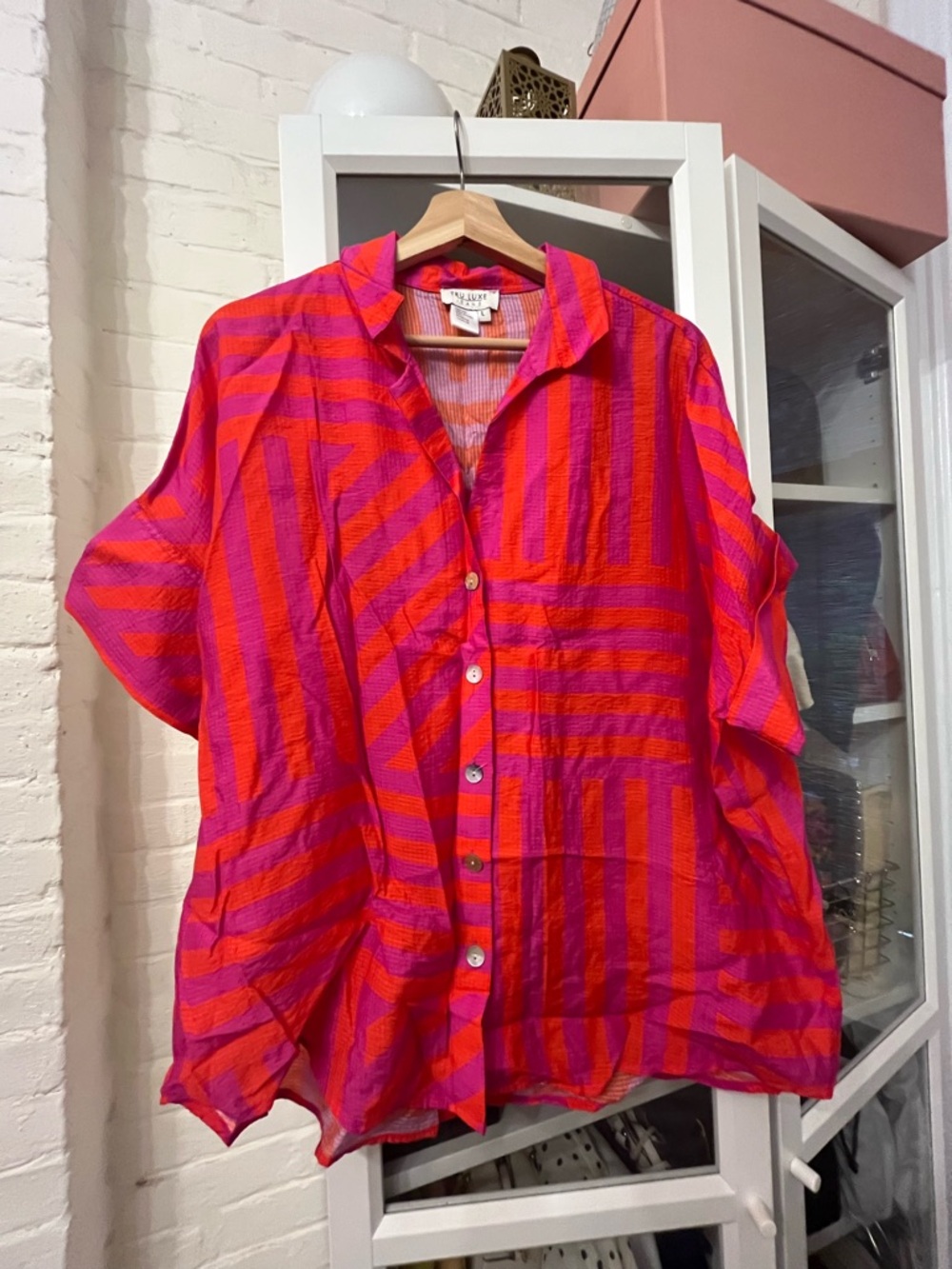 Tru Luxe Bright Pink & Orange Striped Button-Up Shirt